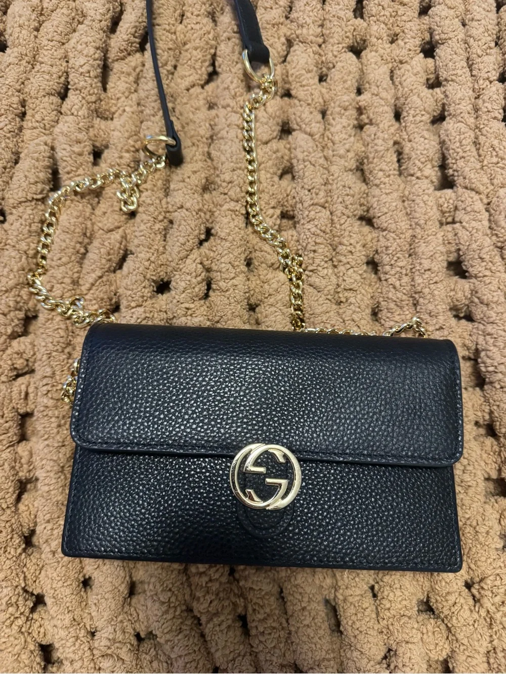 Black Leather Crossbody Bag with Gold Logo